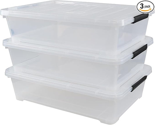 Yesdate 3-Pack 50 Quart Under the Bed Low Profile Storage Boxes, Large Under Bed Storage Bin with Easy Rolling Caster Wheels, Clear