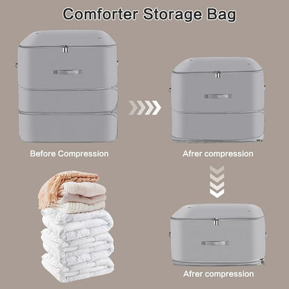 Space Saving Self Compression Organizer,Compression Storage Bags for Bedding and travel,Storage bags for Blankets Duvet Quilts Pillows, Comforter Storage with zippered ventilation holes（Grey XL）