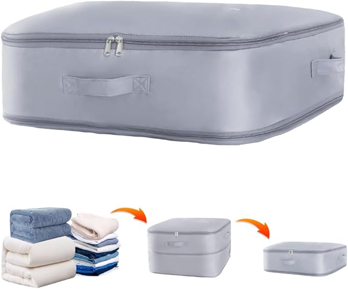 Posurry Space saver bag,for quilts, duvets or other fluffy clothing.Measures 21"L x 16.5"W x 11.2"H when unfolded and 21"L x 16.5"W x 4.8"H when compressed.Light Gray