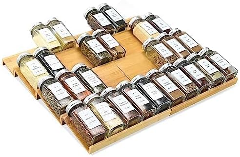 KitHero Spice Drawer Organzier,4 Tiers- 8Pcs Bamboo Spice Rack Tray Insert for Cabinet Drawer Countertop, Kitchen Seasoning Storage Drawer Organization,18" Wide x 15.8" Deep （Hold UP To 40 Jars