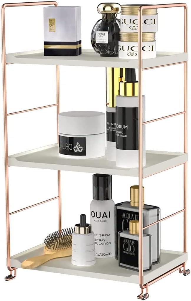 kaileyouxiangongsi Plastic/Metal Freestanding Stackable Organizer Shelf,Bathroom Countertop Storage Shelf Cosmetic Organizer Holder Kitchen Spice Rack,3-Tier Standing Rack (Rose Gold)