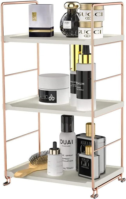 kaileyouxiangongsi Plastic/Metal Freestanding Stackable Organizer Shelf,Bathroom Countertop Storage Shelf Cosmetic Organizer Holder Kitchen Spice Rack,3-Tier Standing Rack (Rose Gold)