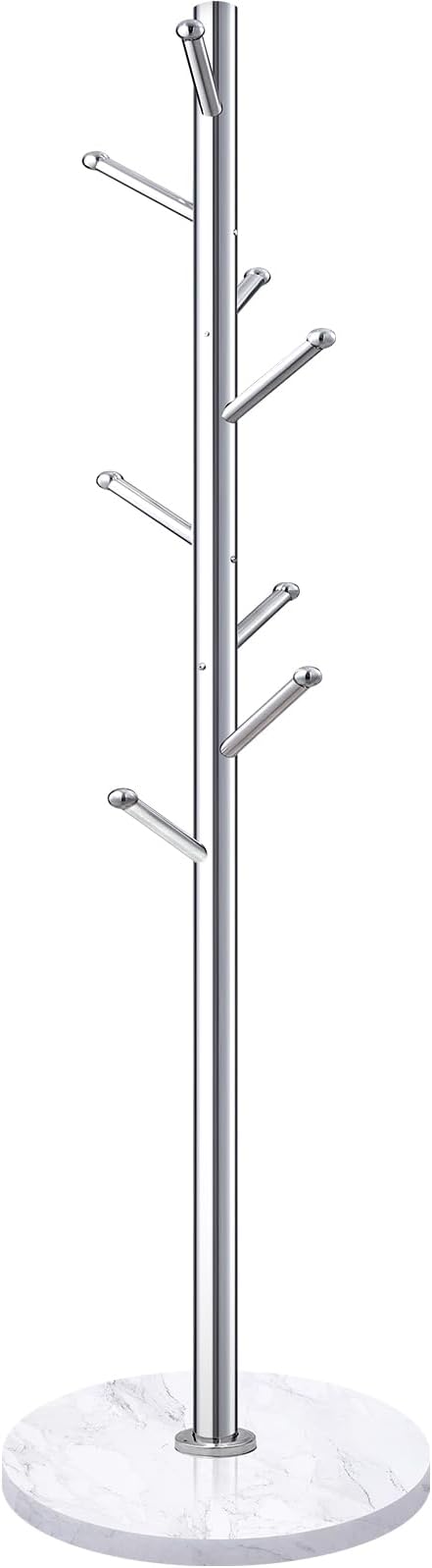 Homde Metal Coat Rack Stand with Natural Marble Base, Stainless Steel Freestanding Clothes Tree Hanger with 8 Hooks, Hall Hanger for Coat Jackets Hat Scarves Handbags Entryway Bedroom (Silver)