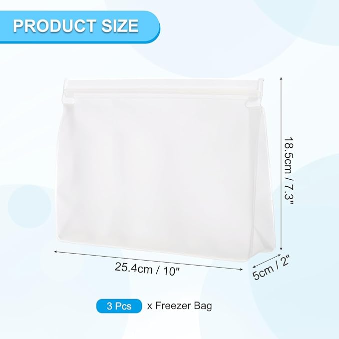 PATIKIL 10"x2"x7.3" Reusable Freezer Bag, 3 Pcs Leakproof Zip Food Storage Stand Up Bags Fridge Snack Vegetable Fruit Ice Container for Long-Lasting Freshness, Transparent