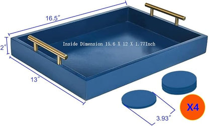Serving Tray 16.5“X 13“Deluxe Wooden Ottoman Tray for Coffee Table with Polished Goldr Metal Handles and 4 Coasters, Living Room Bathroom Coffee Bar Organizer Modern Decorative Blue