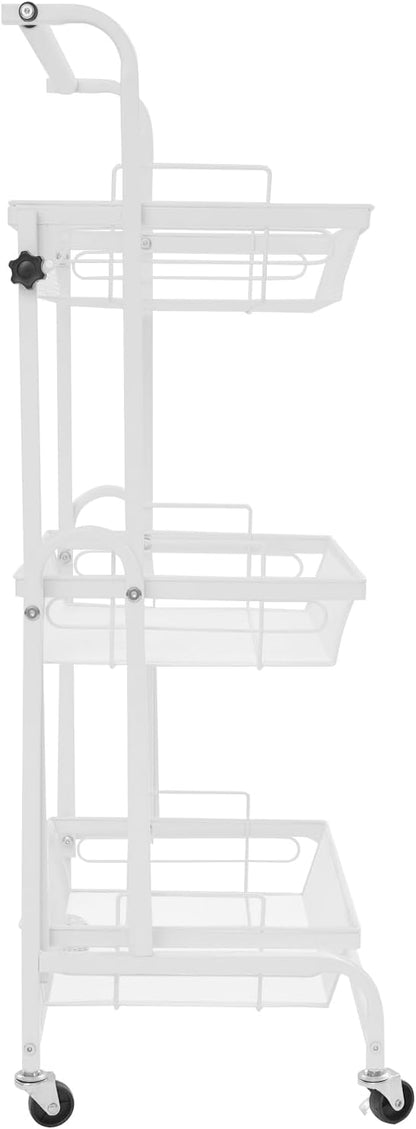 3 Tier Adjustable Storage Carts, Movable Utility Cart, Metal Rolling Cart, Multi-Functional Storage Trolley w/Wheels, Storage Shelves for Kitchen/Bathroom/Bedroom/Office (White)