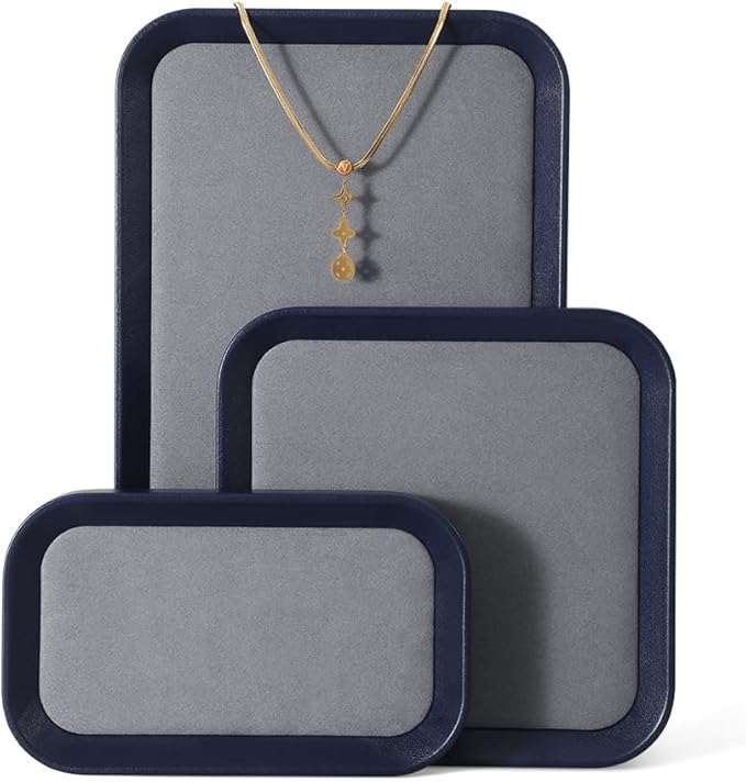 Yinbeini Ring Display Tray, Leather Earring Organizer,Luxury Key Tray,Premium Decorative Tray,Blue-Grey Jewelry Dish