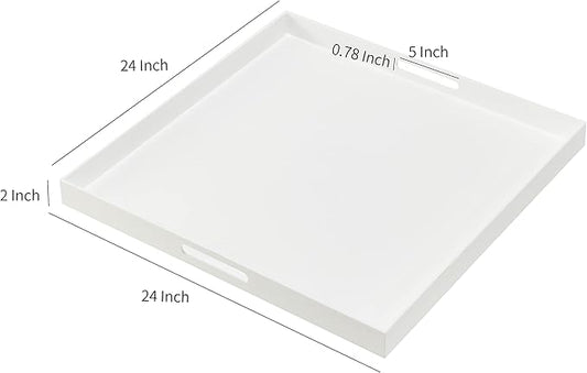 Oversize Extra Large King Size Bed Tray for eating Big Glossy White Acrylic Serving Tray with Handles 24x24 Inch -Spill Proof- Decorative Countertop Organizer for Ottoman,Bed,Party, Butler Tray