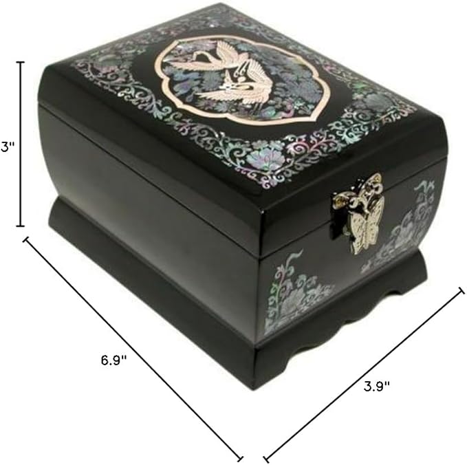 Antique Alive Mother of Pearl Inlay Design Jewelry Box, Wood Jewelry Box, Trinket Case, Keepsake Treasure Chest Box Organizer Holder (Double Crane)