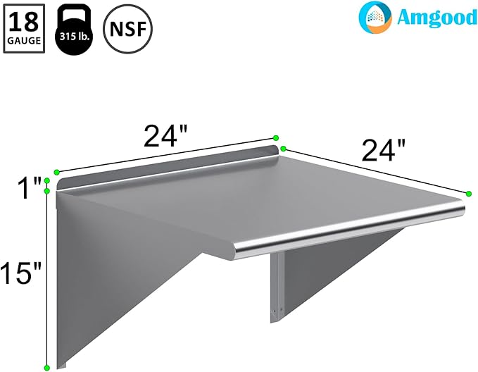 AmGood 24" Long X 24" Deep Stainless Steel Wall Shelf | NSF | Appliance & Equipment Metal Shelving | Kitchen, Restaurant, Garage, Laundry, Utility Room