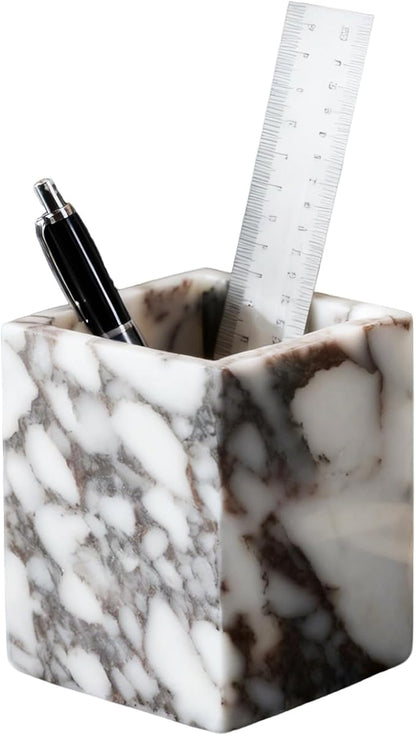 Marble Pen Holder, White Stone Rectangular Desktop Organizer, Office Study Makeup Brush Storage, Home Desk Decor, Minimalist Design, Durable Marble Accessory