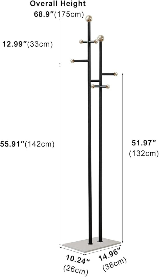 Coat Rack Freestanding with Marble Base Sturdy Coat Tree Heavy Duty Clothes Rack for Entryway Bedroom Living Room Hotel 14.96 x 10.24 x 68.9 Inches (Black)