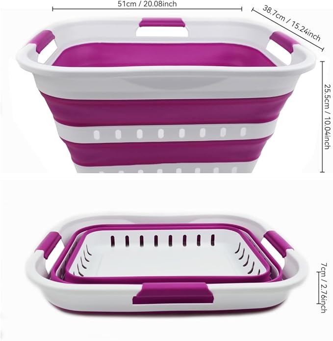 SAMMART 30L (8 gallon) Collapsible 3 Handled Plastic Laundry Basket - Foldable Pop Up Storage Container/Organizer - Space Saving Hamper/Basket (White/Purple)