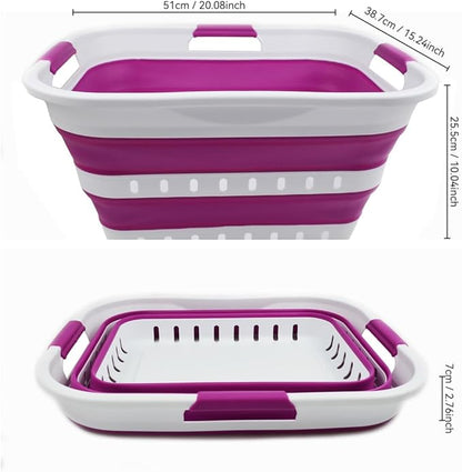 SAMMART 30L (8 gallon) Collapsible 3 Handled Plastic Laundry Basket - Foldable Pop Up Storage Container/Organizer - Space Saving Hamper/Basket (White/Purple)