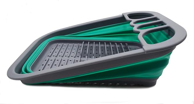 SAMMART Collapsible Plastic Dish Drainer - Foldable Drying Rack Set - Portable Dinnerware Organizer - Space Saving Dishes and Utensil Kitchen Storage (1, Dark Grey/Bluish-Green (w/o Base Board))