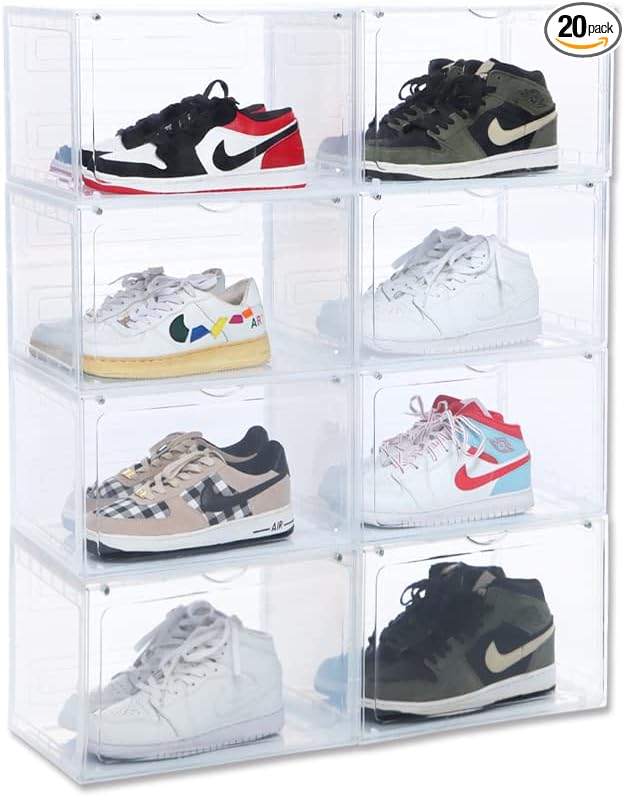 OMOPIN 8 PACK XL Shoe Storage Box,Drop Side Sneaker Display Case,Shoe Boxes Clear Plastic Stackable 13.4”x 10.6”x 8.3” Fit up to US 13 (Clear 8Pack)