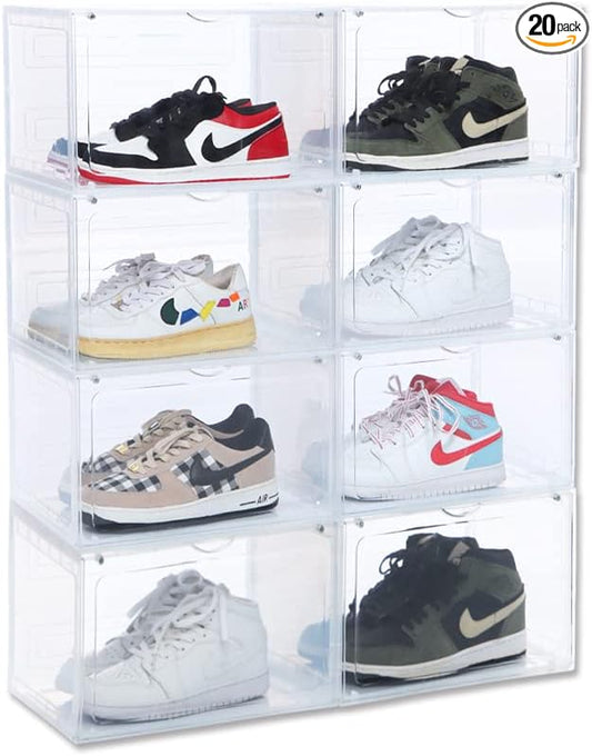 OMOPIN 8 PACK XL Shoe Storage Box,Drop Side Sneaker Display Case,Shoe Boxes Clear Plastic Stackable 13.4”x 10.6”x 8.3” Fit up to US 13 (Clear 8Pack)