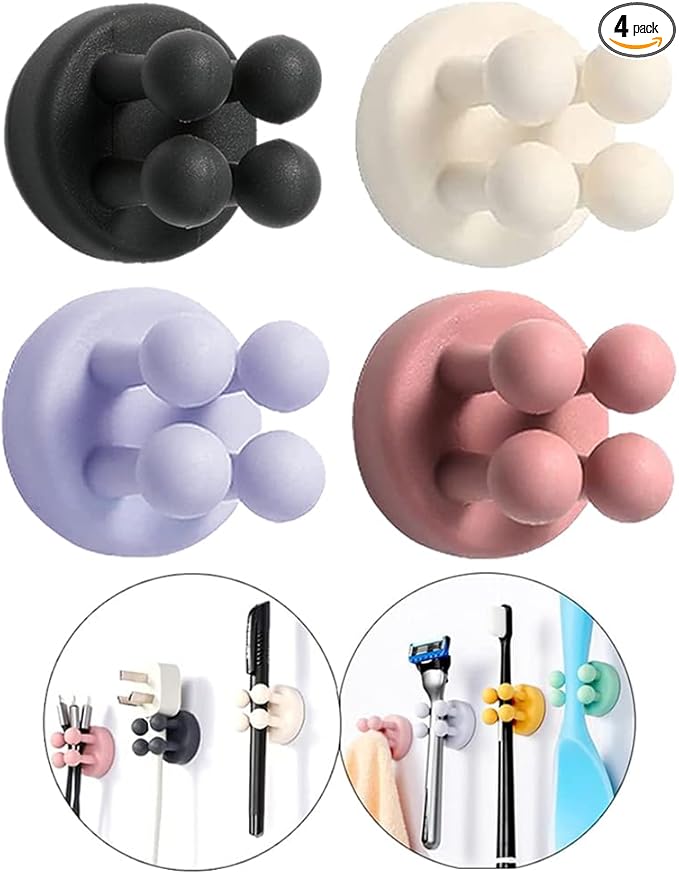 Defrko Silicone Toothbrush Holders - 4 Pcs Razor Hooks Adhesive Wall Mounted for Hanging Towel Key Plug Cable, Utility Decor Stick to Dorm Room Essentials Function for Kitchen Bathroom Home Office