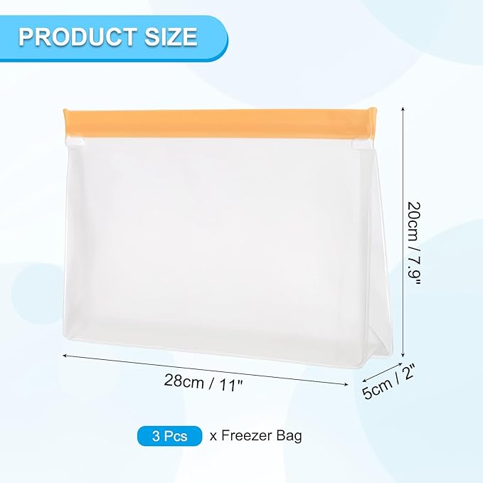 PATIKIL 11"x2"x7.9" Reusable Freezer Bag, 3 Pcs Leakproof Zip Food Storage Stand Up Bags Fridge Snack Vegetable Fruit Ice Container for Long-Lasting Freshness, Orange