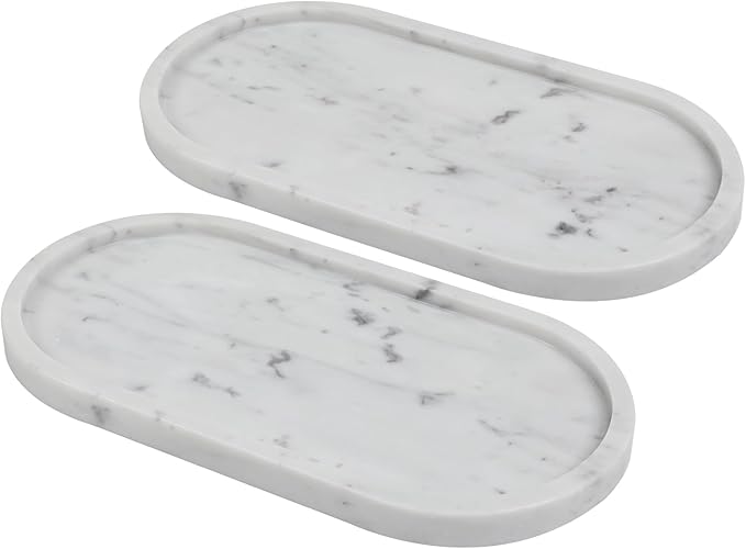 Faticdorr Carrara White Marble Tray, 2 Pcs, Marble Vcnity Tray, Bathroom, Decor for Trinket Perfume Jewelry Candle, 12 Inch Oval