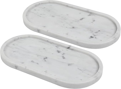 Faticdorr Carrara White Marble Tray, 2 Pcs, Marble Vcnity Tray, Bathroom, Decor for Trinket Perfume Jewelry Candle, 12 Inch Oval