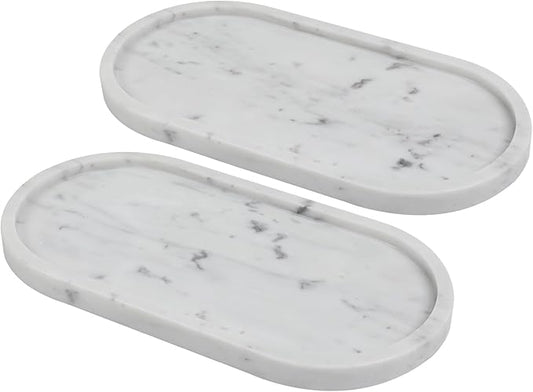 Faticdorr Carrara White Marble Tray, 2 Pcs, Marble Vcnity Tray, Bathroom, Decor for Trinket Perfume Jewelry Candle, 12 Inch Oval