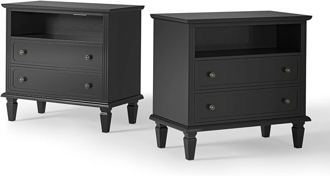HULALA HOME Farmhouse End Table with Charging Station Set of 2, End Table with USB Ports & Outlets, Fluted Pilasters Design Side Table with Open Space and 2 Drawers Dresser for Living Room, Black