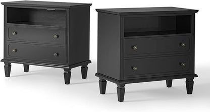 HULALA HOME Farmhouse End Table with Charging Station Set of 2, End Table with USB Ports & Outlets, Fluted Pilasters Design Side Table with Open Space and 2 Drawers Dresser for Living Room, Black