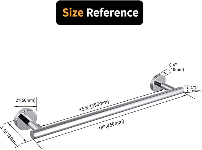 SUS 304 Stainless Steel Towel Bar 18-Inch Towel Rack Wall Mounted Towel Rail Towel Rod for Bathroom Modern Style Polished Finish