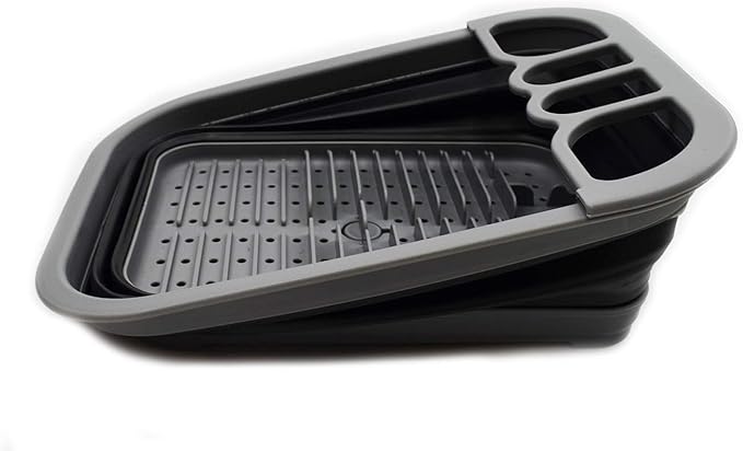 SAMMART Collapsible Dish Drainer with Drainer Board - Foldable Drying Rack Set - Portable Dinnerware Organizer - Space Saving Kitchen Storage Tray (1, Grey/Black)
