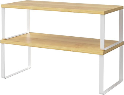 NEX Bamboo Cabinet Organizer Shelf, Set of 2 Kitchen Counter Shelves, Spice Rack, Stackable Kitchen Shelves Organizer, Pantry Cupboard Dish Mug Cup Storage Shelf, White and Natural
