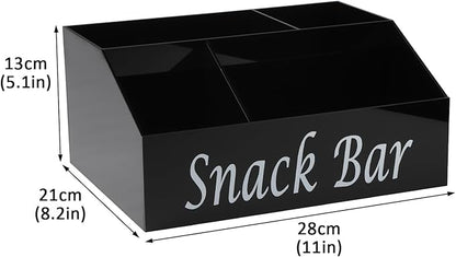 Snack Organizer for Countertop - Acrylic Storage Container With 4 Compartments for Kitchen Cabinet Pantry - Black Snack Bar Station