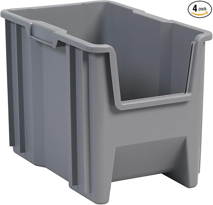 Akro-Mils 13014 Stak-N-Store Heavy Duty Stackable Open Front Plastic Storage Container Bin, (17-1/2-Inch x 11-Inch x 12-1/2-Inch), Gray, (4-Pack)
