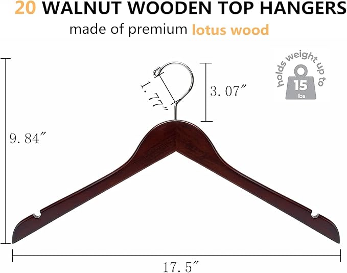 Amber Home 20 Pack Vintage Wood Coat Hangers, Walunt Wooden Suit Hangers with Non Slip Pant Bar, Clothes Hangers for Jacket, Bridal (Retro, 20)