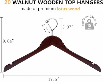 Amber Home 20 Pack Vintage Wood Coat Hangers, Walunt Wooden Suit Hangers with Non Slip Pant Bar, Clothes Hangers for Jacket, Bridal (Retro, 20)