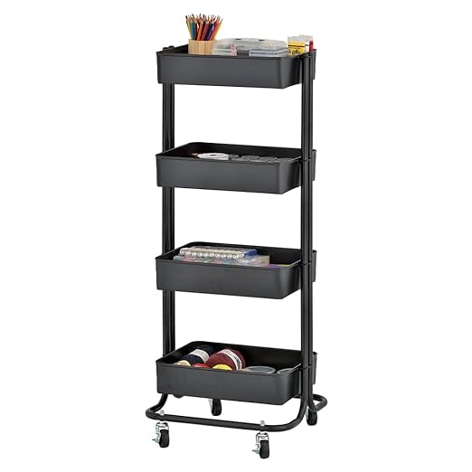 ECR4Kids 4-Tier Metal Rolling Utility Cart, Multipurpose Storage, Black