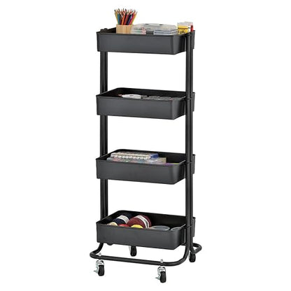 ECR4Kids 4-Tier Metal Rolling Utility Cart, Multipurpose Storage, Black