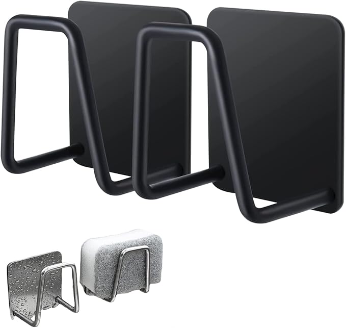 Telivava Sponge Holder for Kitchen Sink(2 Pack), Strong Adhesive Sink Sponge Holder, SUS304 Stainless Steel Sponge Holder for Kitchen Accessories - Waterproof & Quick Drying(B Style Black)