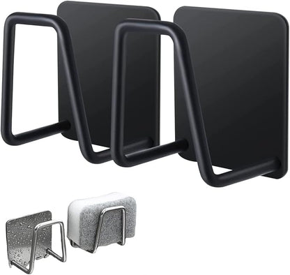 Telivava Sponge Holder for Kitchen Sink(2 Pack), Strong Adhesive Sink Sponge Holder, SUS304 Stainless Steel Sponge Holder for Kitchen Accessories - Waterproof & Quick Drying(B Style Black)