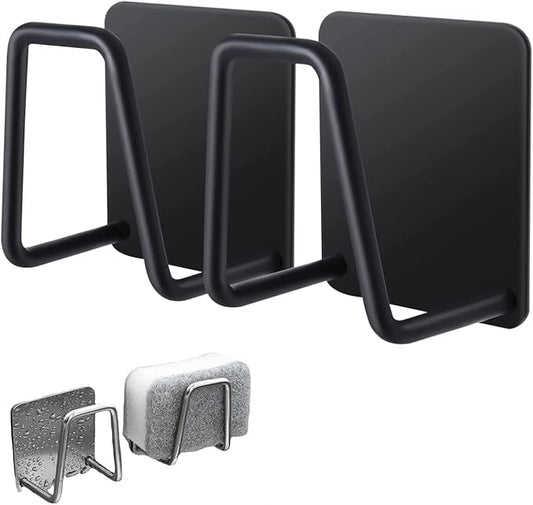 Telivava Sponge Holder for Kitchen Sink(2 Pack), Strong Adhesive Sink Sponge Holder, SUS304 Stainless Steel Sponge Holder for Kitchen Accessories - Waterproof & Quick Drying(B Style Black)