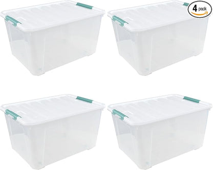 Cinkyou 85 L Clear Latch Storage Bin with Lid and Wheels, Stackable Plastic Storage Boxs, 4 Packs