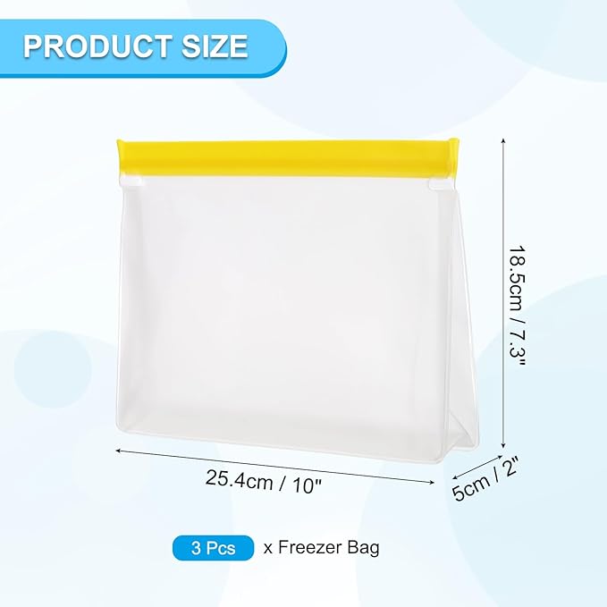 PATIKIL 10"x2"x7.3" Reusable Freezer Bag, 3 Pcs Leakproof Zip Food Storage Stand Up Bags Fridge Snack Vegetable Fruit Ice Container for Long-Lasting Freshness, Yellow