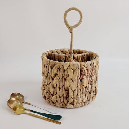 Handwoven Water Hyacinth Wicker Storage Baskets Round with Handle for Knife and Fork,Wood,17 * 17 * 13cm
