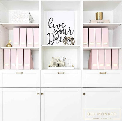 BLU MONACO | Cardboard Magazine File Holder Set of 6 Pink | Vertical Magazine File Holder with Gold Label Slots | Standing File Holder and Cardboard Bins for Shelves Desk Storage