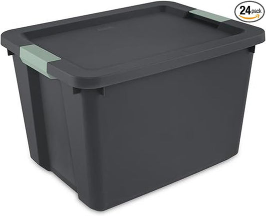 Sterilite 24 Pack 20 Gallon Latch Tote, Stackable Plastic Storage Bin Container, Gray/Green