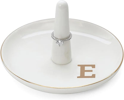 HOME SMILE Initials Ring Holder Jewery Tray with personalized E-Monogrammed Engagement Gifts for Friends,Birthday Mother's Day Christmas Gifts for Women,Ceramic White