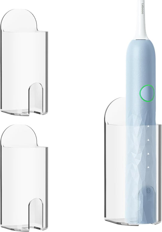 DODAMOUR 2 Pack Electric Toothbrush Holder Wall Mounted, Plastic Tooth Brush Holder with Charge Port, Self Adhesive Toothbrush Organizer for Bathroom (Clear)