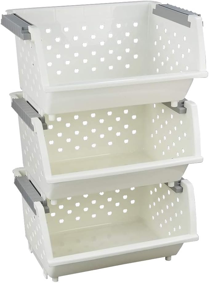 3-Pack Plastic Stacking Storage Organizer Basket, Stackable Basket, White