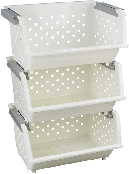 3-Pack Plastic Stacking Storage Organizer Basket, Stackable Basket, White