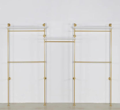 Industrial Pipe Clothing Rack Wall Mounted 5 Hanging Rods Garment Bar with Storage Shelf, Heavy Duty Metal Clothes Racks Closet System for Hanging Clothes Retail Display (Gold)